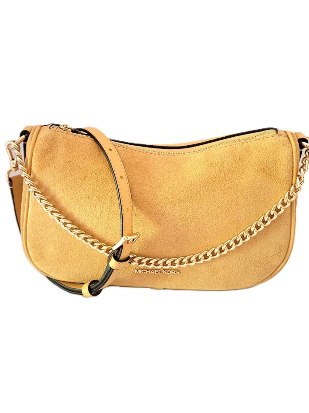 Michael Kors Carmela Medium Pouchette Crossbody Convertible Bag Honeywheat Suede